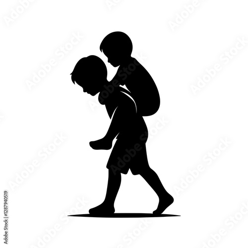 Silhouette of a child giving a piggyback ride to a younger sibling