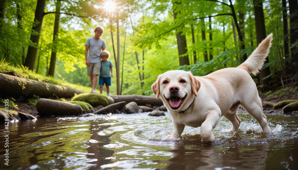 Fototapeta premium Happy Labrador retriever splashing in a stream with children playing in nature