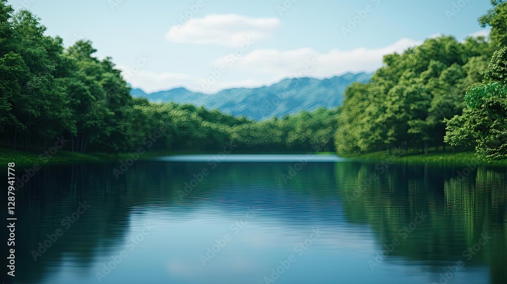 Earth day environmental idea. A serene landscape featuring a calm lake surrounded by lush greenery and distant mountains. Earth day environmental idea. A serene landscape featuring a calm lake surrounded by lush greenery and distant mountains.