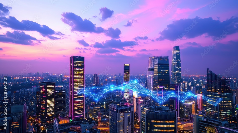 Fototapeta premium Stunning Urban Skyline at Sunset with Colorful Cloudscape