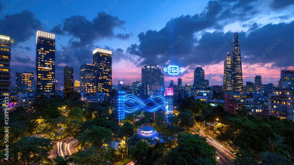 Naklejka premium Evening Cityscape with Bright Neon Lights and Stunning Twilight Sky