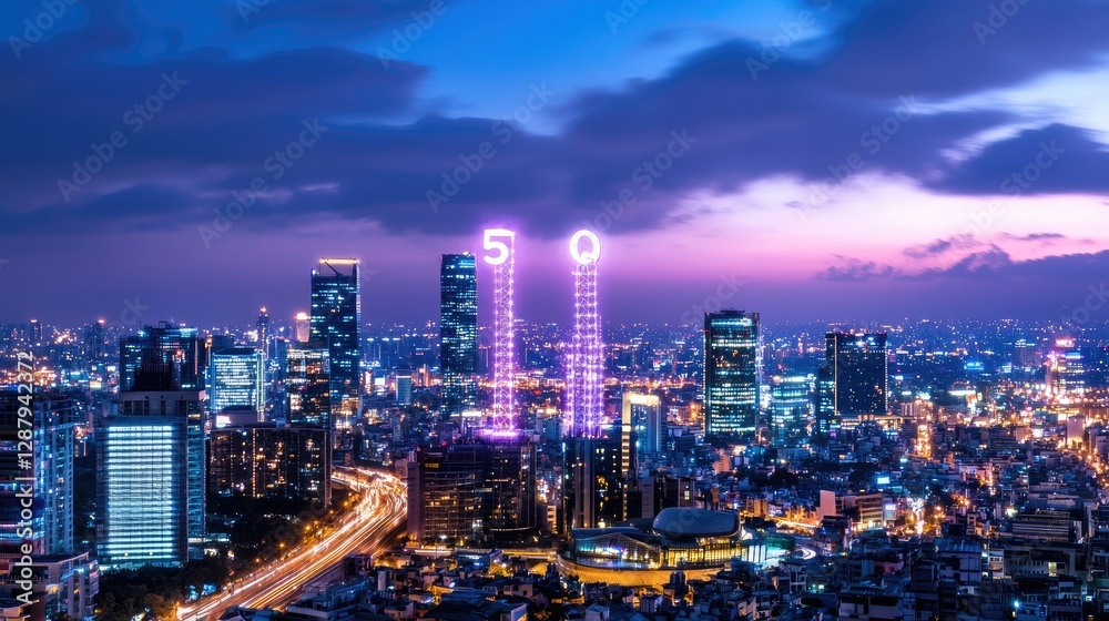 Fototapeta premium Vibrant City Skyline at Dusk with Illuminated Building Numbers 50