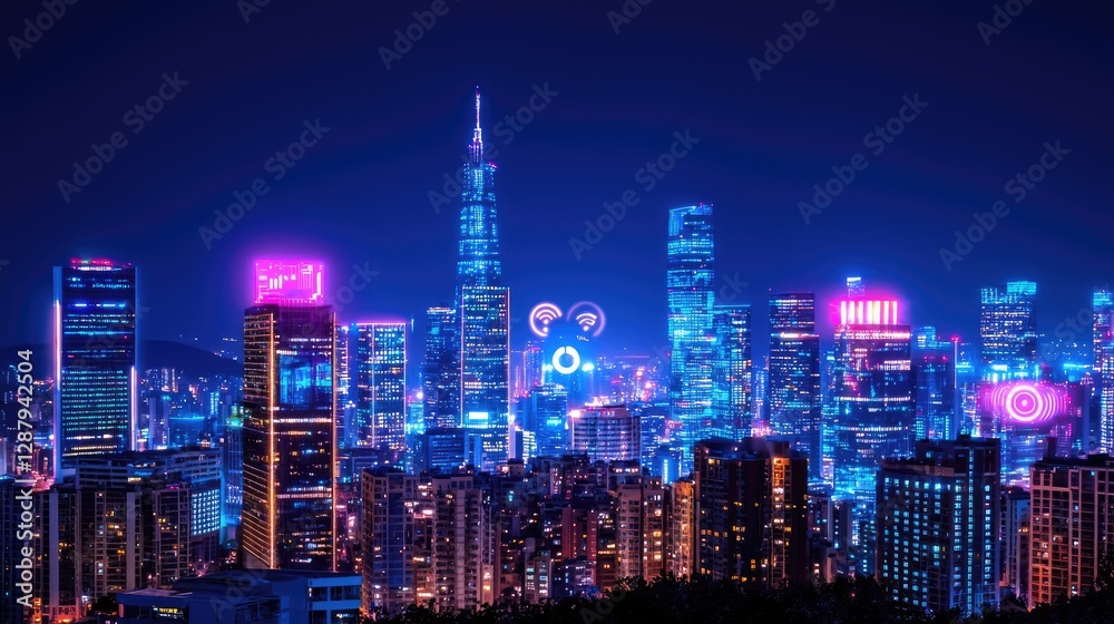 Fototapeta premium Vibrant Night Cityscape with Neon Lights and Skyscrapers at Dusk