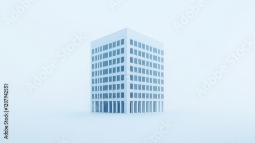 Minimalist White Building in Foggy Atmosphere with Soft Lighting