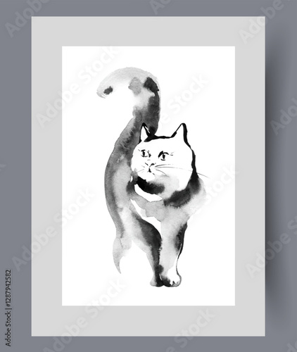 Fluffy cat slowly walks with tail raised, looking for owner or kittens on wall art. Watercolor artwork. Print with kitten or cat from shelter for homeless pets, in frame with decor for poster