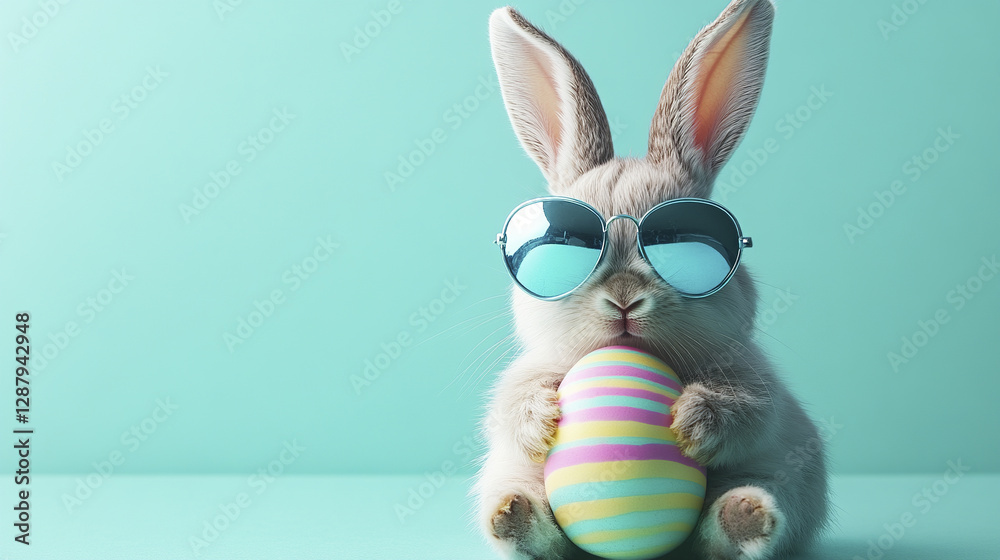 Fototapeta premium cute bunny with blue sunglasses holding colorful egg