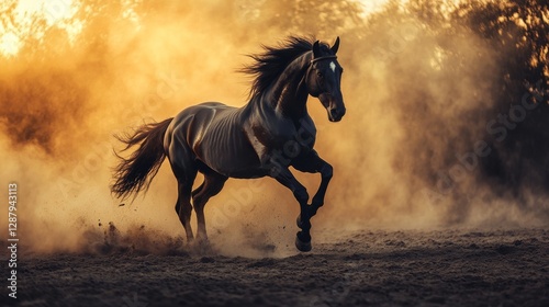 Elegant black horse galloping through dust against golden sunset, dynamic and powerful scene. Freedom and nature concept