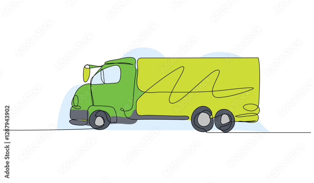 Fototapeta premium Vector illustration of style green delivery truck. Modern flat in continuous line style.