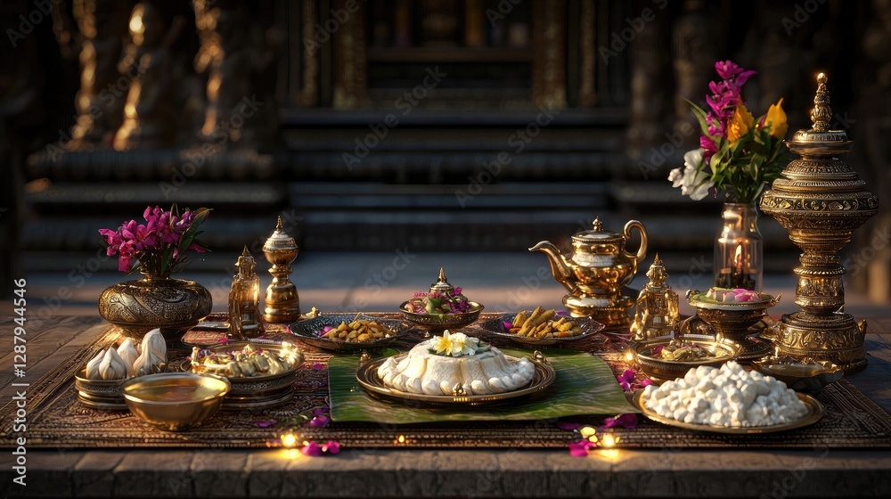 Fototapeta premium Ornate Traditional Indian Feast Spread in Elaborate Setting
