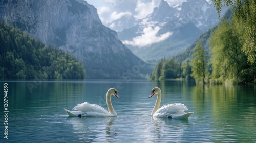 Alpine Lake Swans Facing Each Other