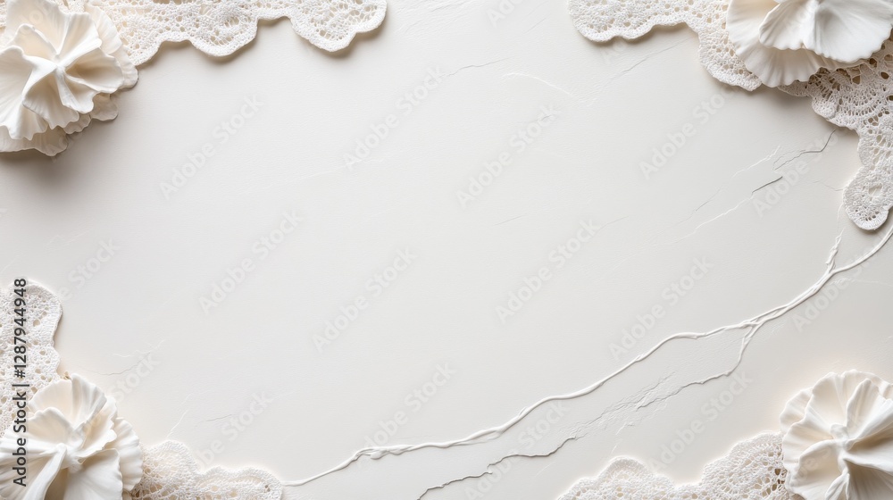 Obraz premium Elegant white lace border on textured paper for invitations and crafts, creating a vintage or romantic look.