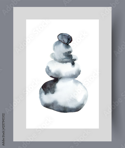 Buddhist stone pyramid symbolizing achievements of zen and meditation on print. Watercolor poster. Artwork with stone pyramid created to appease spirits, in frame with decor for wall art