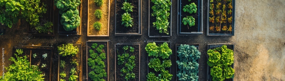 Aerial view of an organized home garden with vibrant plants, neat rows, and a serene outdoor atmosphere. Aerial view of an organized home garden with vibrant plants, neat rows, and a serene outdoor atmosphere.