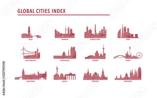 Best global cities logo, icon pack with skylines of Shanghai, Seoul, Toronto, Berlin, San Francisco, Sydney, Washington, Amsterdam, Moscow, Buenos Aires, Dubai, Barcelona. Red watrcolor style