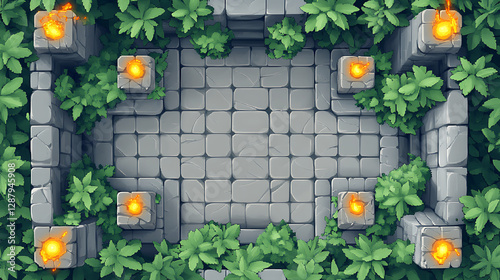 Overhead View of a Stone Game Map with Lush Green Vegetation and Torches