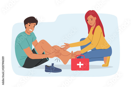 Woman refuses first aid to man with leg injury after accident during sports training. First aid suitcase near girl helping person in steam room who feels pain due to broken bone or dislocation