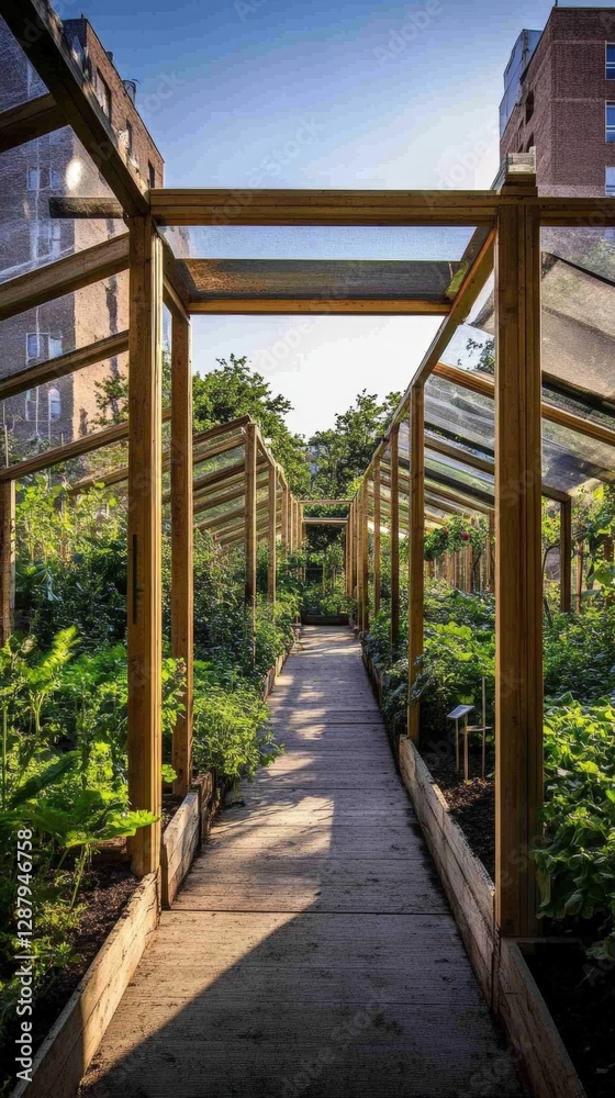 Lush Greenhouse Pathway Surrounded by Vibrant Plants Lush Greenhouse Pathway Surrounded by Vibrant Plants
