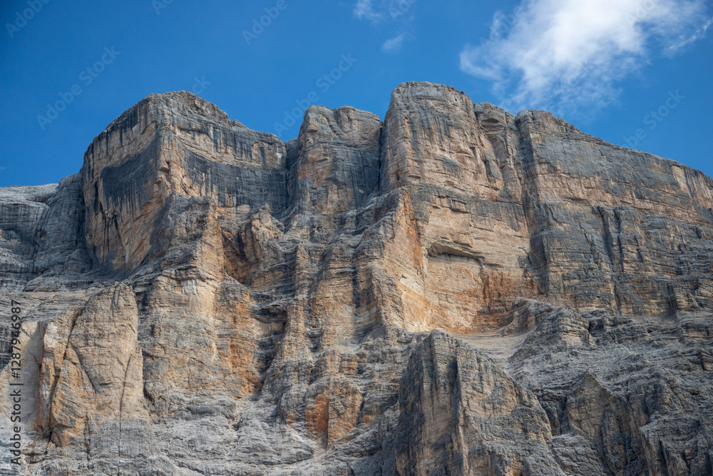 Fototapeta premium Panoramic view of Sasso di Santa Croce, Sas dla Crusc, La Crusc, Rosskofel in Alta Badia Valley , Dolomites , Trentino, Alto Adige, Sudtirol, South Tyrol, Italy