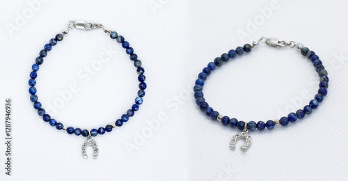 Obraz na płótnie Sapphire and Silver Horseshoe Bracelet with Diamonds on White Background. Exclusive Jewelry w salonie