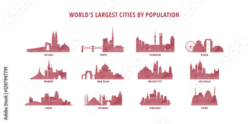 Largest cities by population - watercolor logos, icons packs with sktylines of Cairo, Tokyo, Shanghai, Beijing, Mumbai, Delhi, Mexico city, Sao Paulo, Osaka, Istanbul, Kinshasa, Lagos