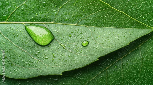Earth day environmental idea. Close-up of vibrant green leaf with water droplets showcasing nature's beauty.