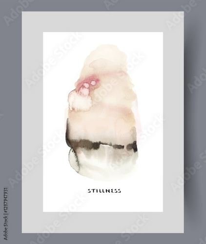Stillness poster in Scandinavian style to decorate interior of apartment instilling calm and desire for absence of changes. Stillness design creative work from 50s for pages of magazine for designers