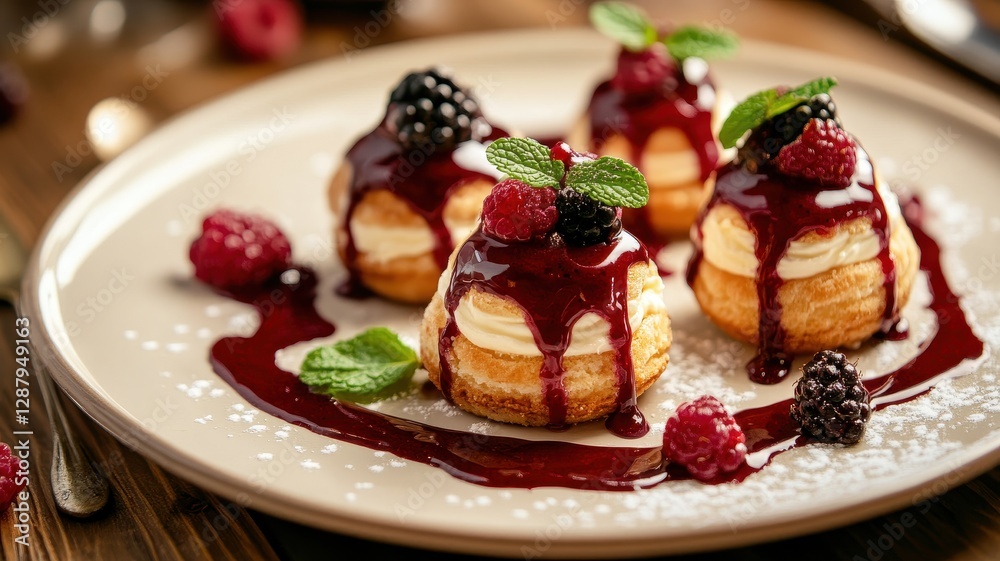 Elegant dessert platter featuring delightful custard cookie cream puffs, perfect for any special occasion. Elegant dessert platter featuring delightful custard cookie cream puffs, perfect for any special occasion.