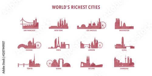World richest cities watercolor logos, icons pack with skylines of Tokyo, New York, Los Angeles, London, Seoul, Paris, Chicago, Osaka, Beijing, Shanghai