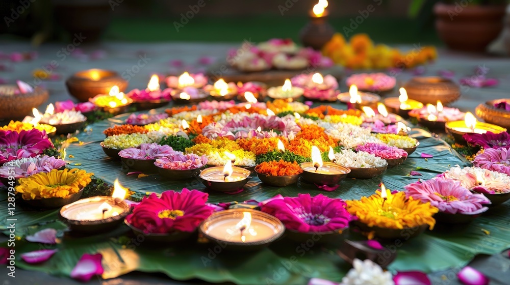 Fototapeta premium Colorful Floral Arrangement with Diyas for Festive Celebration