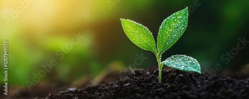Earth day environmental idea. A young green plant sprouting from rich dark soil under sunlight.