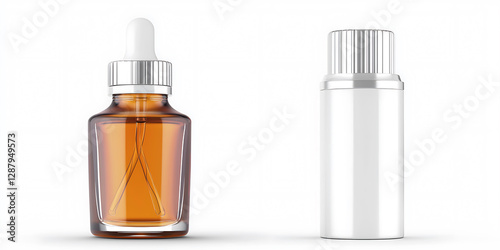 Two bottles one amber with a dropper and one white with a ridged silver cap stand on a white surface.