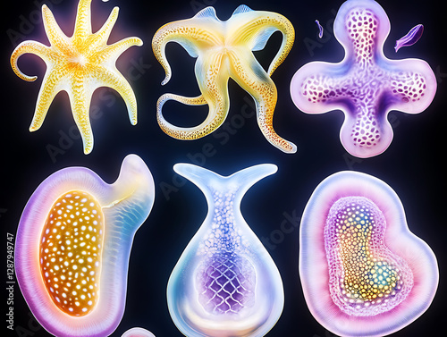 A collection of six vibrantly colored abstract organic shapes resembling fantastical microscopic organisms against a dark background.