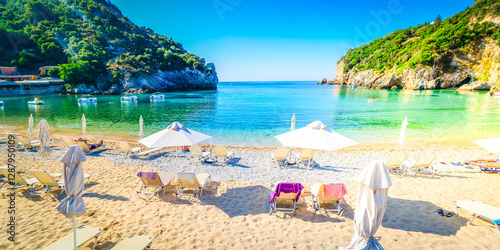 Fototapeta Naklejka Na Ścianę i Meble -  popular beaches of Corfu, panorama of Paleokastritsa beach and Ionian sea on Korfu, Greece