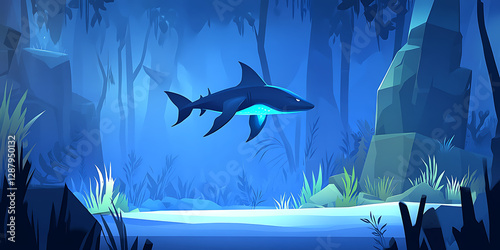 Stylized bioluminescent shark swimming through a dark tranquil underwater forest scene bathed in cool blues.
