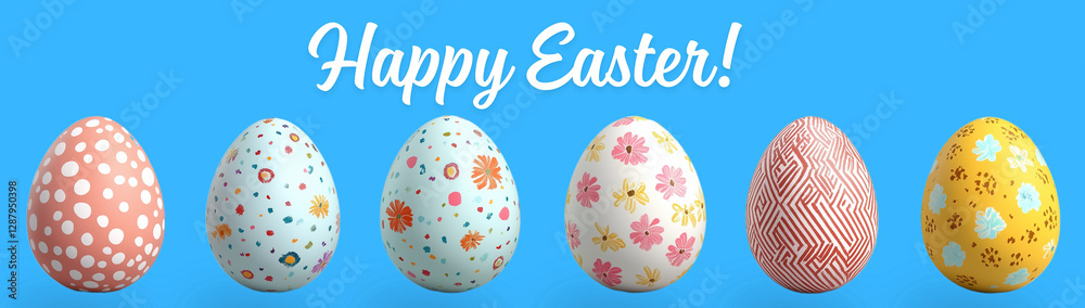 Fototapeta premium Easter, Easter eggs in a row on a blue background, with text, created with Generative AI technology