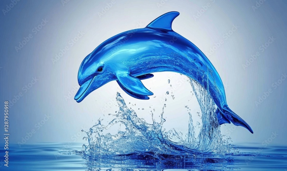 Fototapeta premium Blue dolphin jumping from ocean, water splash, serene background, digital art