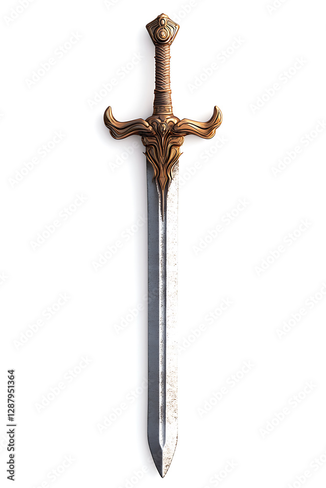 A single intricately detailed sword with a silver blade and ornate bronze hilt isolated against a white background. A single intricately detailed sword with a silver blade and ornate bronze hilt isolated against a white background.
