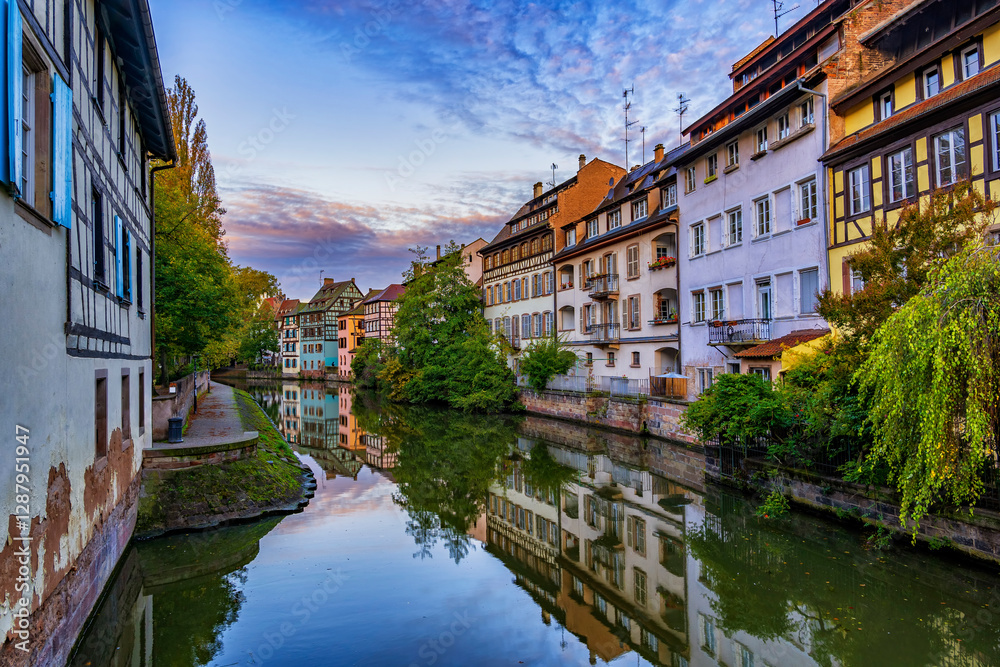 Scenic view of historic buildings along a canal in Strasbourg's Petite France district