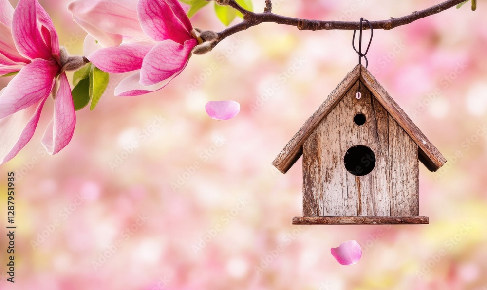 A charming wooden birdhouse hanging from a branch adorned with pink magnolia flowers, set against a soft, blurred pastel background, creating a serene spring atmosphere perfect for nature-themed decor A charming wooden birdhouse hanging from a branch adorned with pink magnolia flowers, set against a soft, blurred pastel background, creating a serene spring atmosphere perfect for nature-themed decor