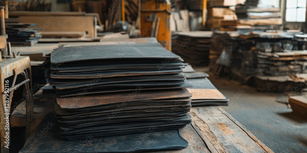 Freshly produced raw rubber sheets neatly stacked in a rustic workshop, showcasing artisanal craftsmanship. Freshly produced raw rubber sheets neatly stacked in a rustic workshop, showcasing artisanal craftsmanship.