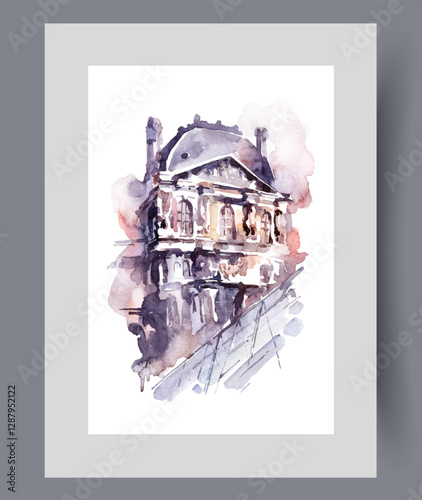 Louvre building in Paris with fragment of glass pyramid on poster. Watercolor artwork. Wall art with Louvre inside gothic architecture of capital of France, in frame with decor for print