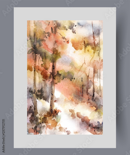 Picturesque autumn forest with colorful foliage on trees, on watercolor vertical poster. Forest or botanical garden with dense thickets due to lack of maintenance and improvement of territory