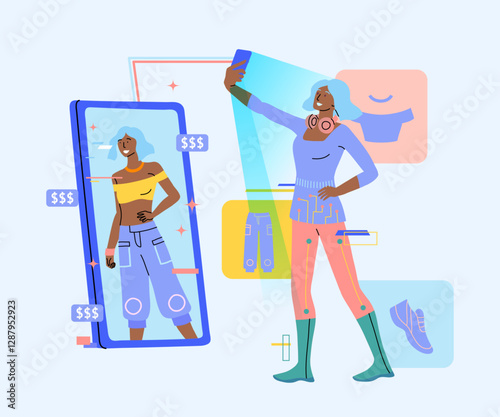 Cartoon Color Character Girl and Ar Fashion Clothing Concept Flat Design Style. Vector illustration of Augmented Reality Experiences