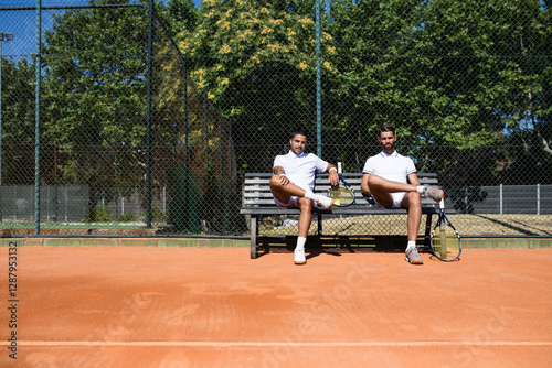 Tennis players sitting on a bench during break