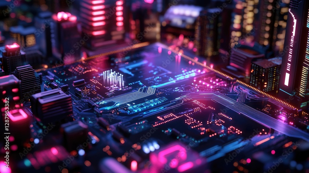 Obraz premium Futuristic Cityscape with Circuit Board and Neon Lights Aesthetic