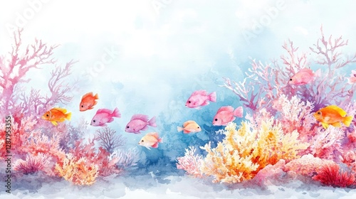 Fototapeta Naklejka Na Ścianę i Meble -  Ocean acidification concept. Vibrant underwater scene depicting colorful fish and coral reefs in watercolor style.