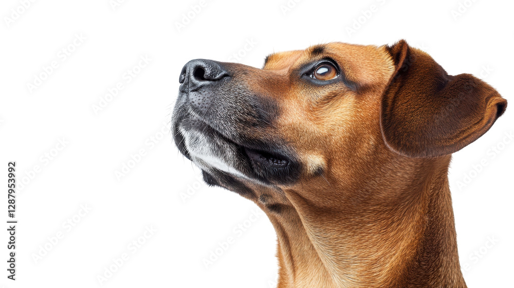 Brown dog looking up in curiosity against a white background, showcasing its expression and features Brown dog looking up in curiosity against a white background, showcasing its expression and features