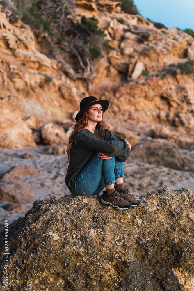 Young woman sitting on the beach and enjoying sunset, Ibiza Young woman sitting on the beach and enjoying sunset, Ibiza