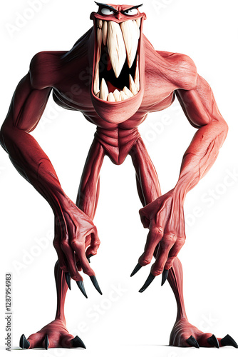 Red cartoonish monster with a gaping mouth full of sharp teeth and clawed hands.