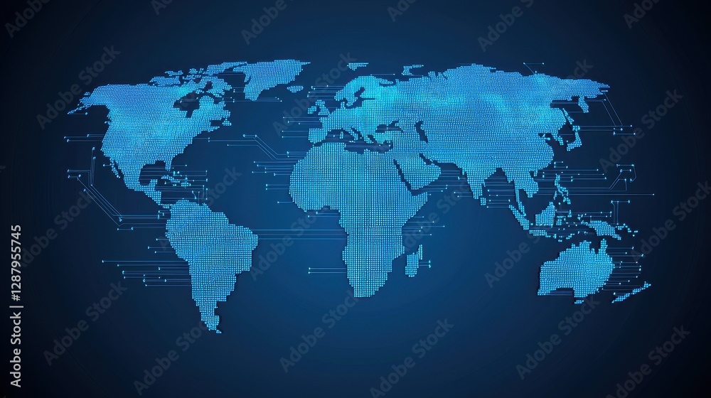 Digital World Map with Glowing Blue Dots and Circuit Patterns Digital World Map with Glowing Blue Dots and Circuit Patterns